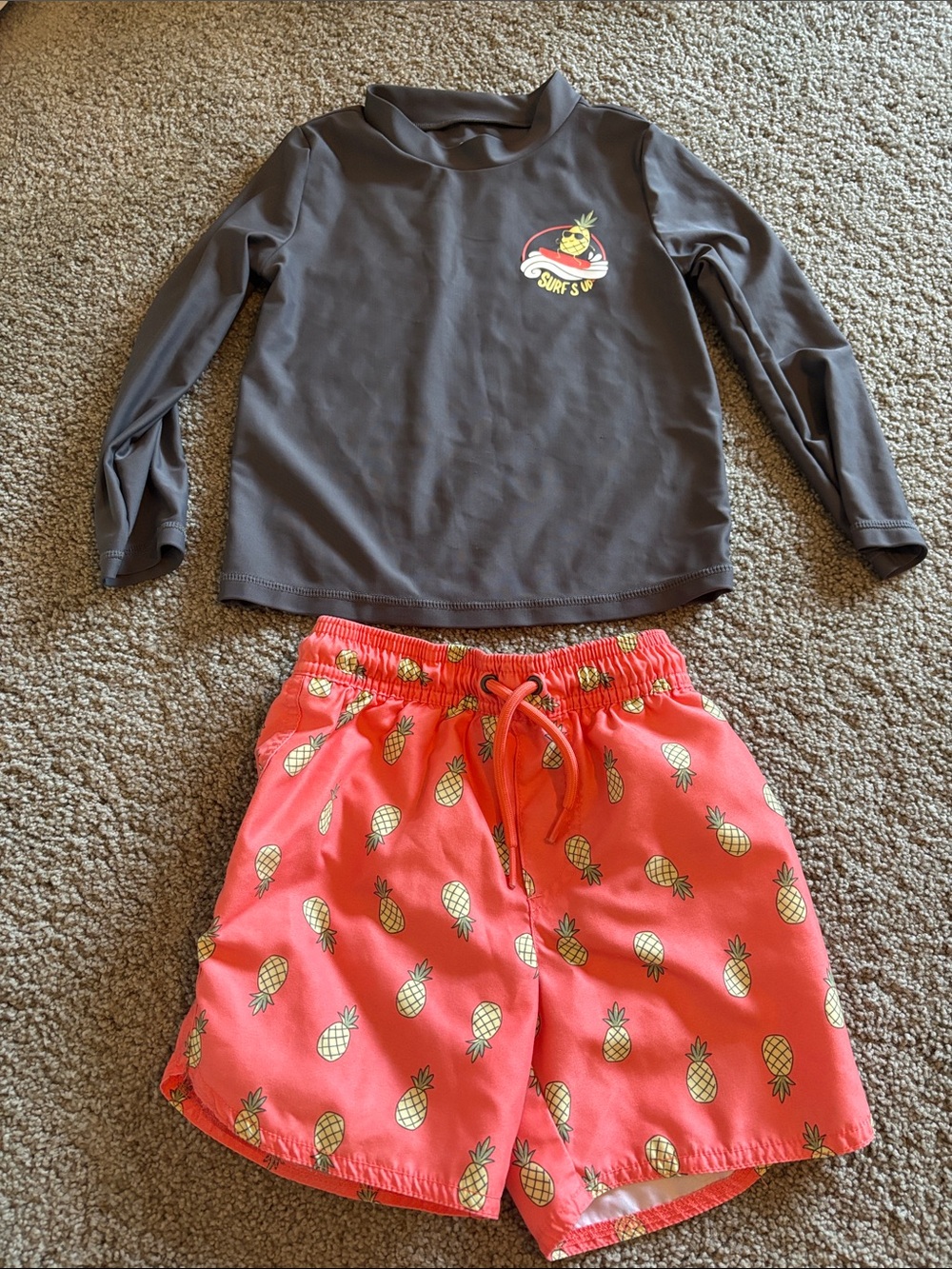 Carter's Coral Pineapple Swim Trunks and Gray Rash Guard Set